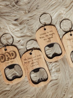 Handmade Wooden Bottle Opener Keychain – "DAD Est 2022" Engraved Gift
