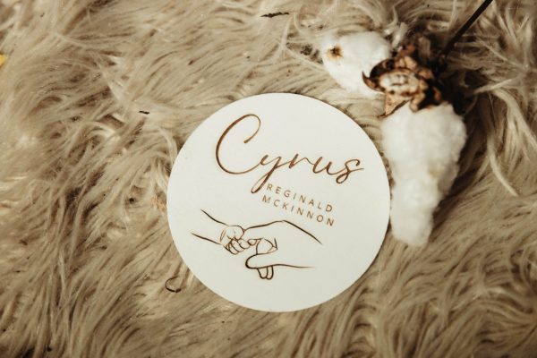 Personalised Baby Name & Middle Name Plaque – "Cyprus Reginald McKinnon" with Hand Grip Design