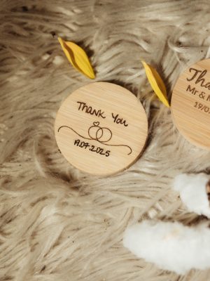 Personalised Wooden Thank You Coaster – Wedding Guest Favor with Date & Rings Design