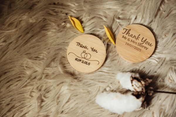 Personalised Wooden Thank You Coaster – Wedding Guest Favor with Date & Rings Design